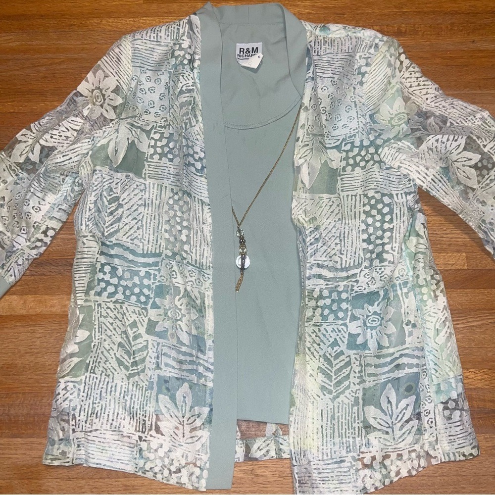 R&M Richards Women 14 Light Olive Floral Lace Jacket ‎ Layered Ensemble Necklace